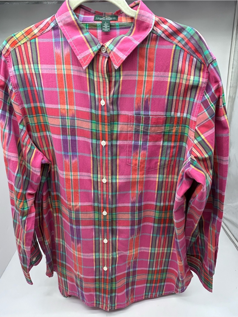 Ralph Lauren Womenโs Pink Plaid Long-Sleeve Button-Down Shirt Large